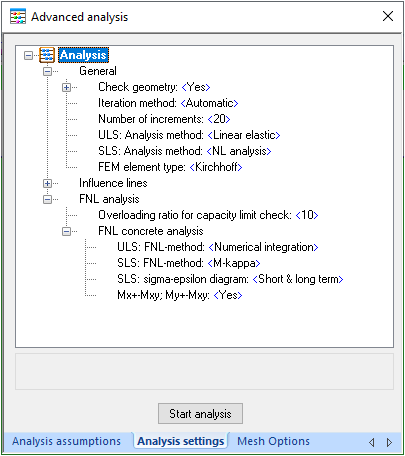Advanced analysis: analysis settings