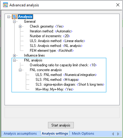 Advanced analysis: Analysis settings (FNL analysis)