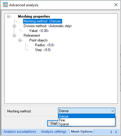 Advanced analysis: Meshing properties meshing method