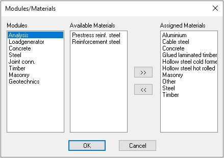 Modules/Materials window